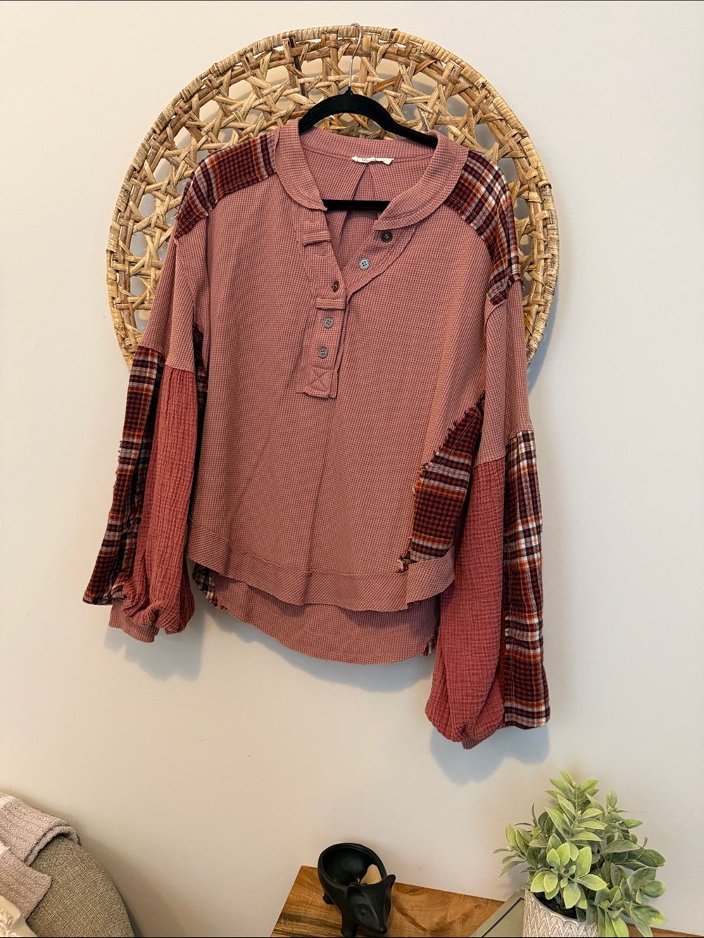 Oli & Hali Dusty Rose Plaid Patchwork Henley Top